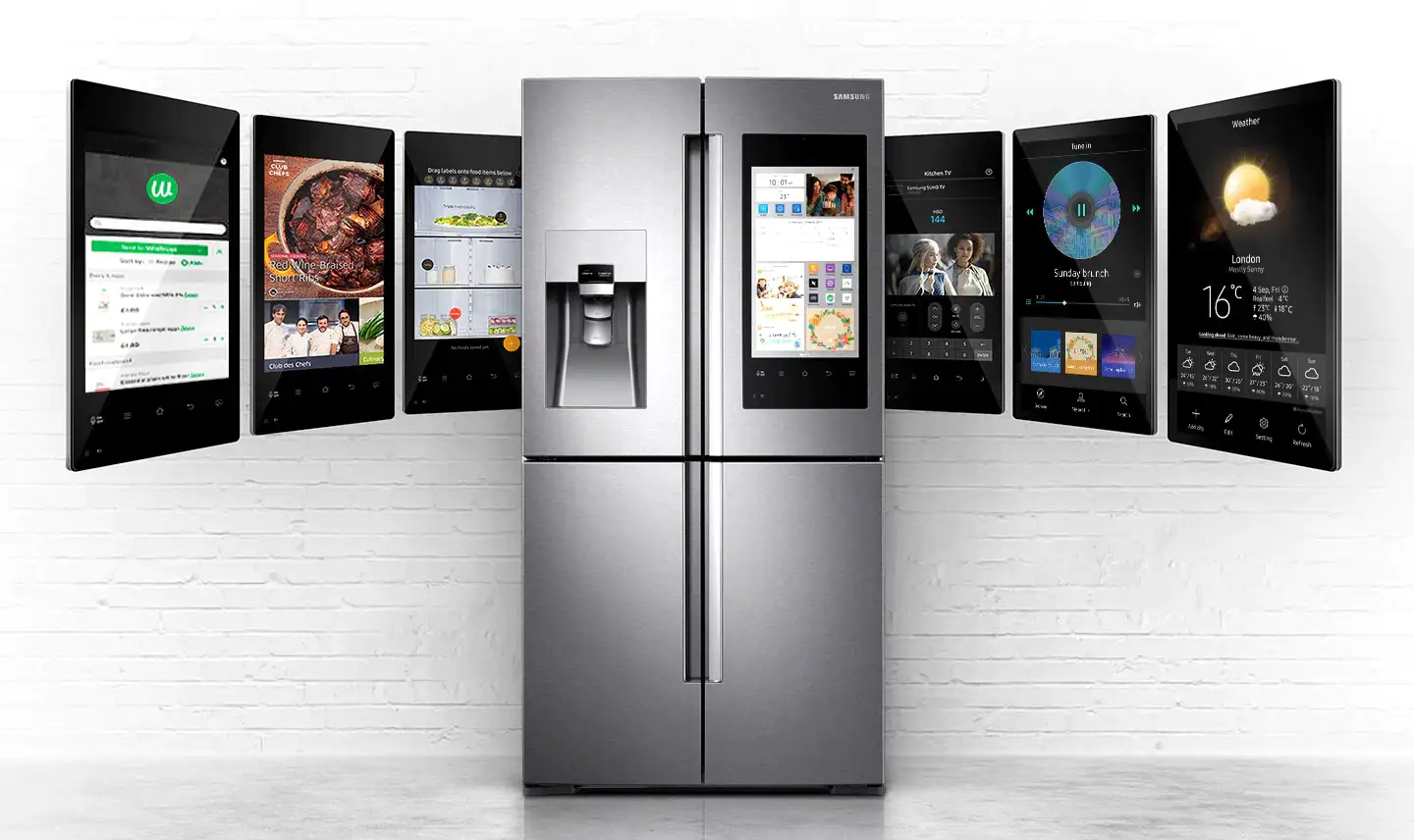 Modern Samsung Family Hub Refrigerator with smart display features and connected applications.