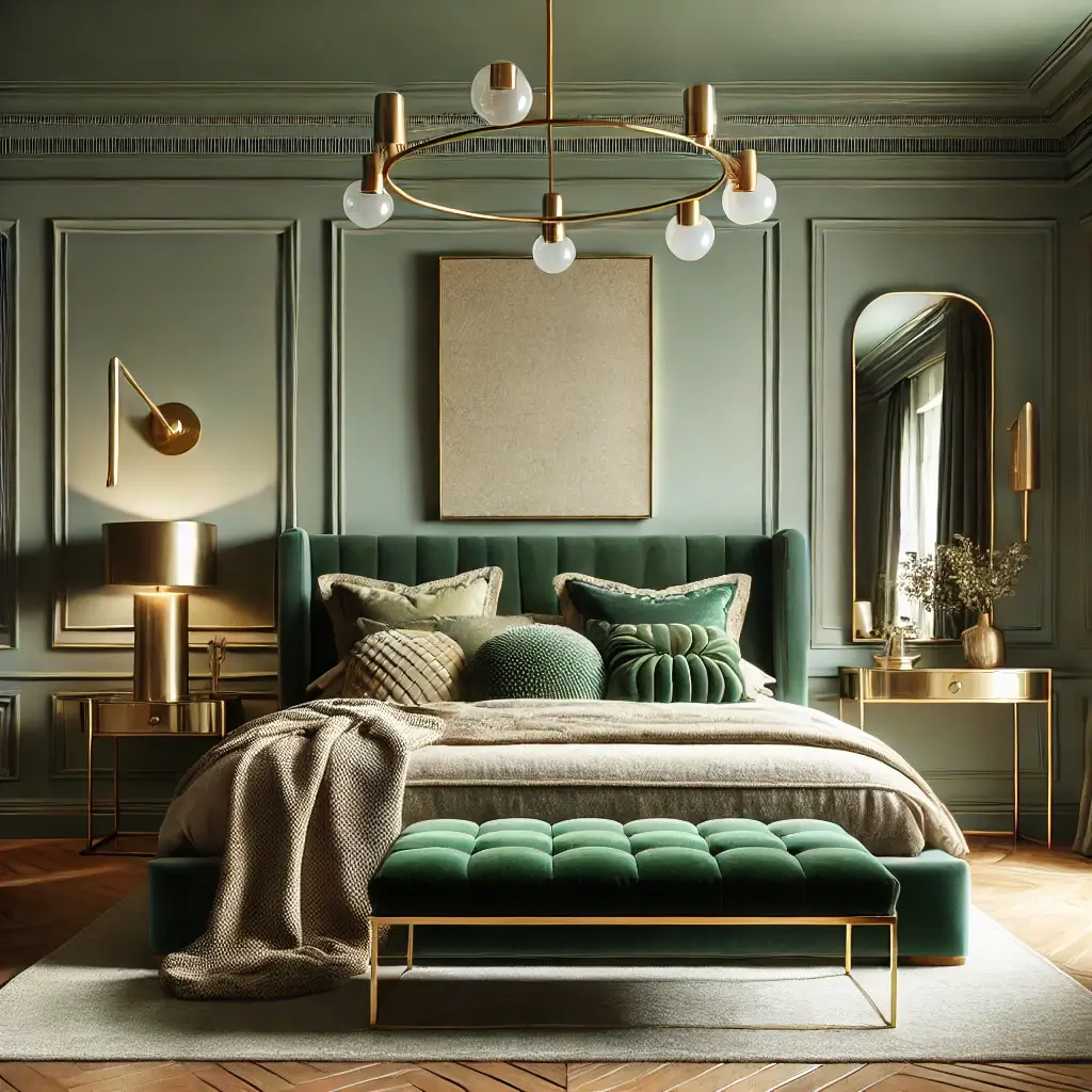 A luxurious bedroom with sage green walls layered in different shades