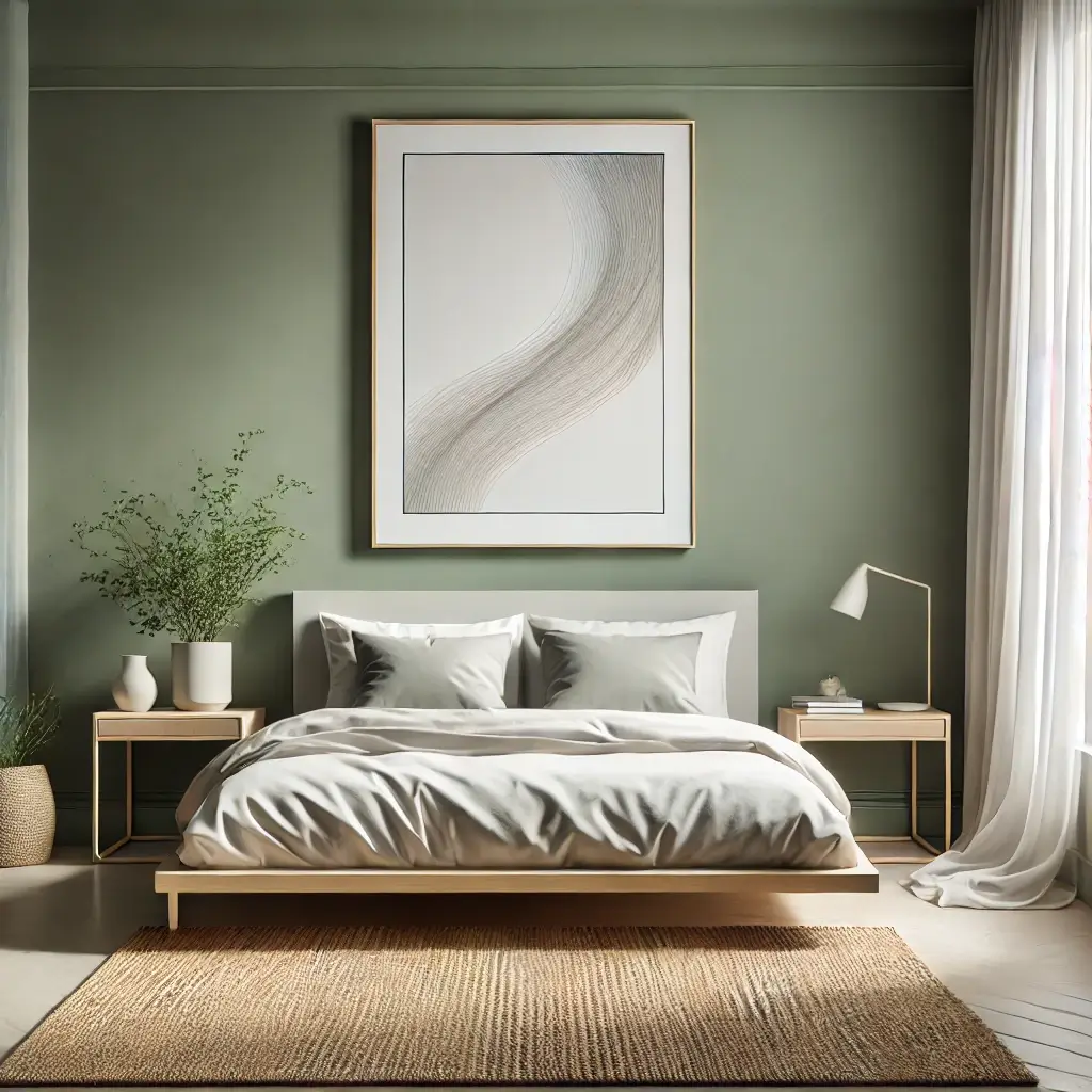 minimalist bedroom featuring sage green walls and a calming, simple design