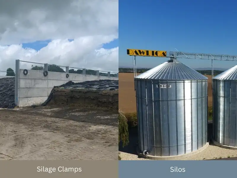 Side-by-side comparison of silage clamps and silos, highlighting different methods of agricultural storage.