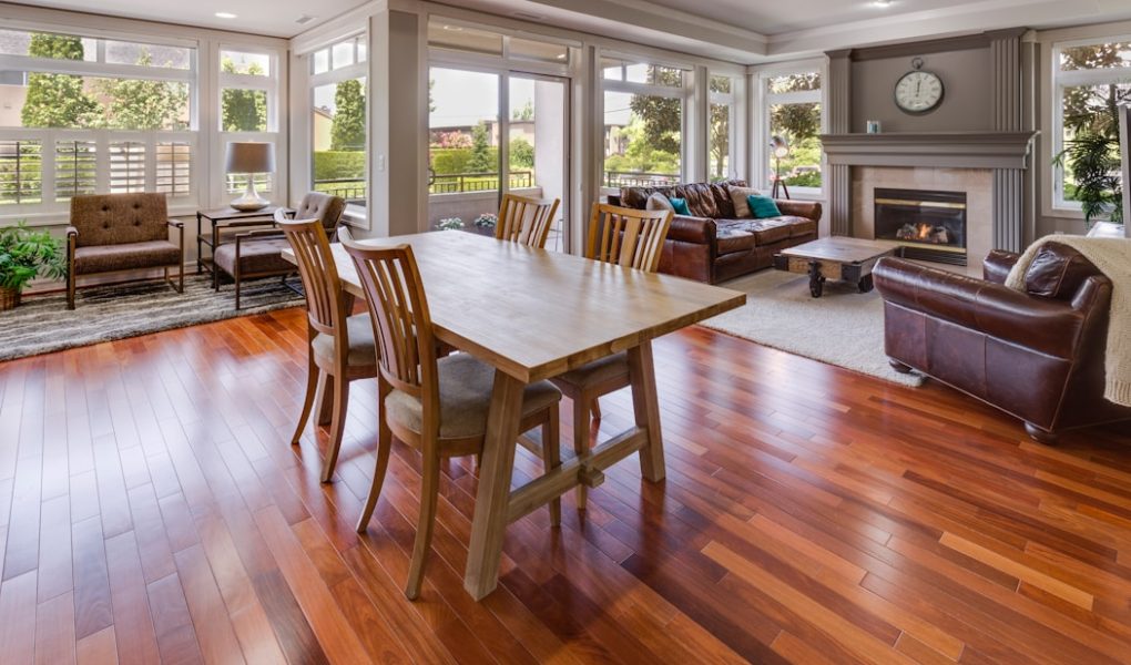 rectangular brown wooden table and chair set