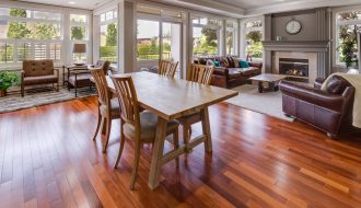 rectangular brown wooden table and chair set