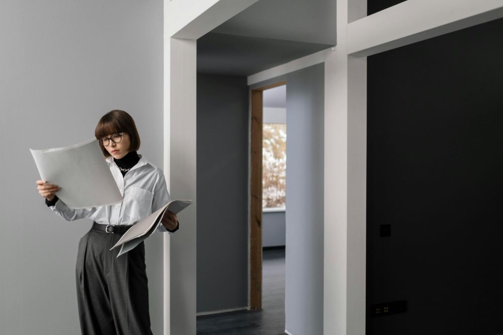 Woman studying blueprints inside a modern house.