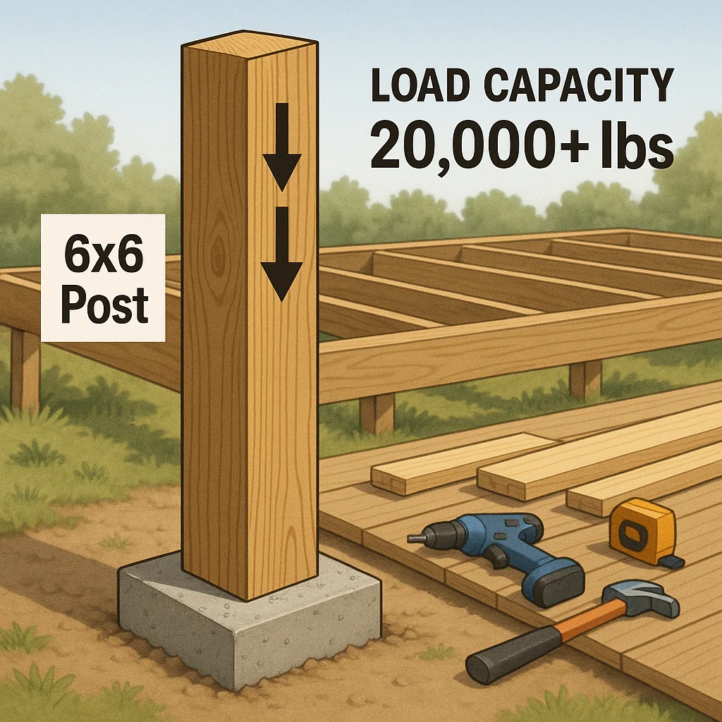 Illustration of a wooden 6x6 post on a concrete footing with arrows showing vertical load capacity, used in deck construction.