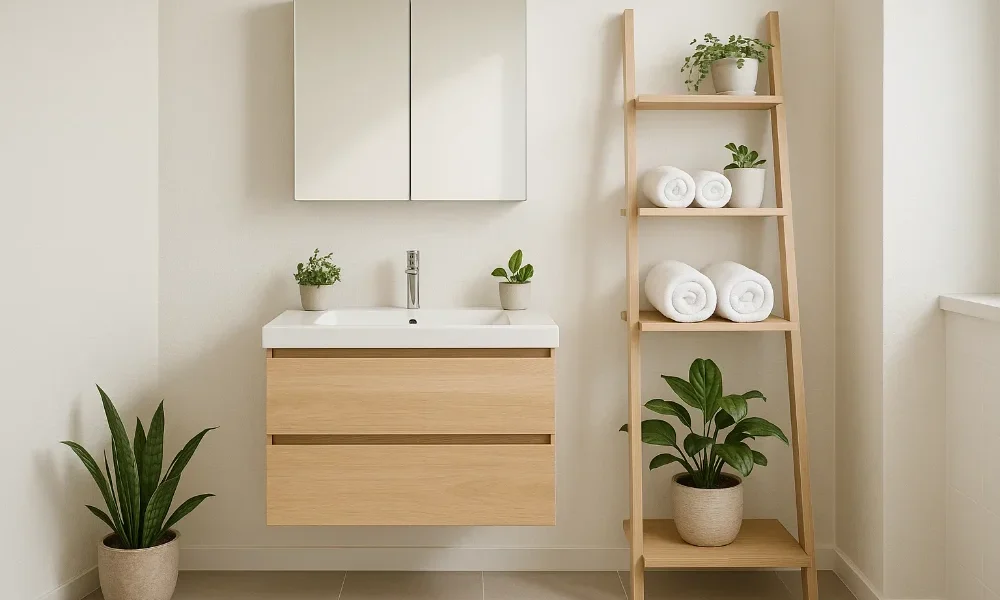 Modern small bathroom with floating vanity, ladder shelf, and decorative storage furniture that doubles as décor, styled with plants and neutral colors.