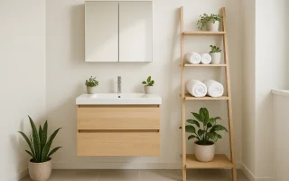 Modern small bathroom with floating vanity, ladder shelf, and decorative storage furniture that doubles as décor, styled with plants and neutral colors.