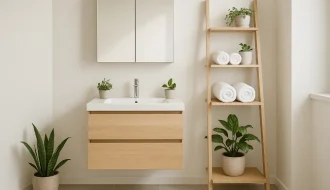 Modern small bathroom with floating vanity, ladder shelf, and decorative storage furniture that doubles as décor, styled with plants and neutral colors.