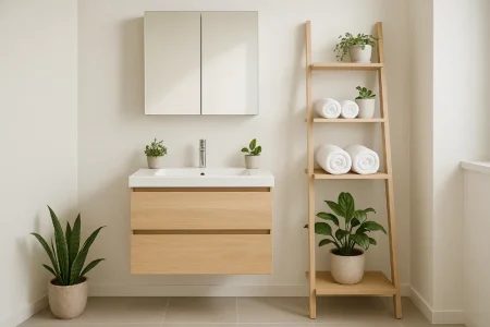 Modern small bathroom with floating vanity, ladder shelf, and decorative storage furniture that doubles as décor, styled with plants and neutral colors.