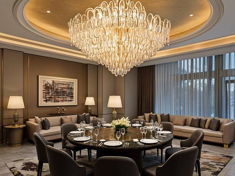 Alabaster stone pendant light casting warm diffused glow in a luxury dining room