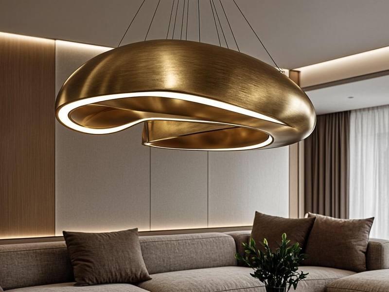Sculptural organic form chandelier with flowing brass curves in a contemporary living room