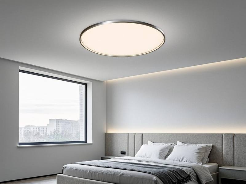 Ultra-thin minimalist flush mount LED providing even illumination in a modern bedroom