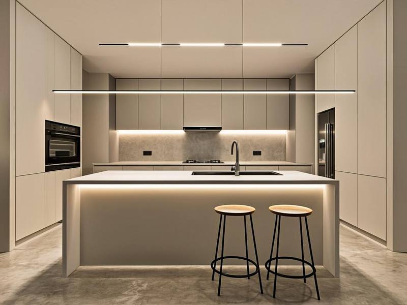 Suspended linear LED strips providing uniform illumination over a modern kitchen island