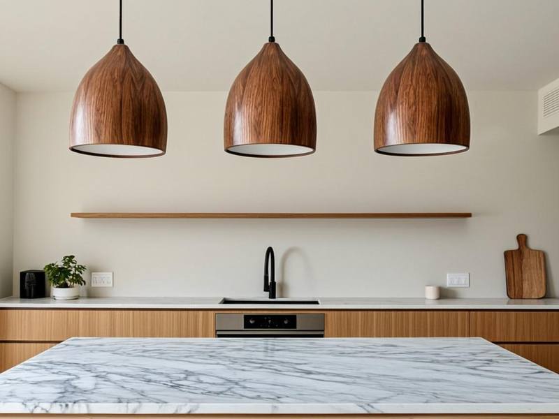 Handcrafted walnut wooden pendant lights bringing natural warmth to a Scandinavian kitchen