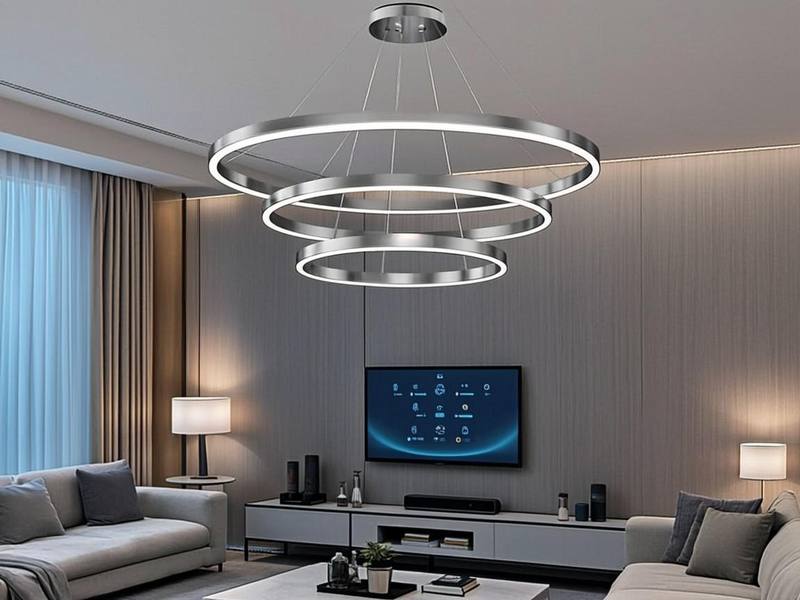 AI-powered smart ceiling fixture with adjustable warm LED glow in a modern living room