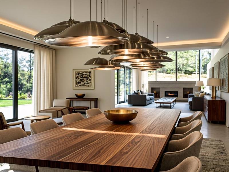 Asymmetric clustered pendants at varying heights creating rhythm over a dining table
