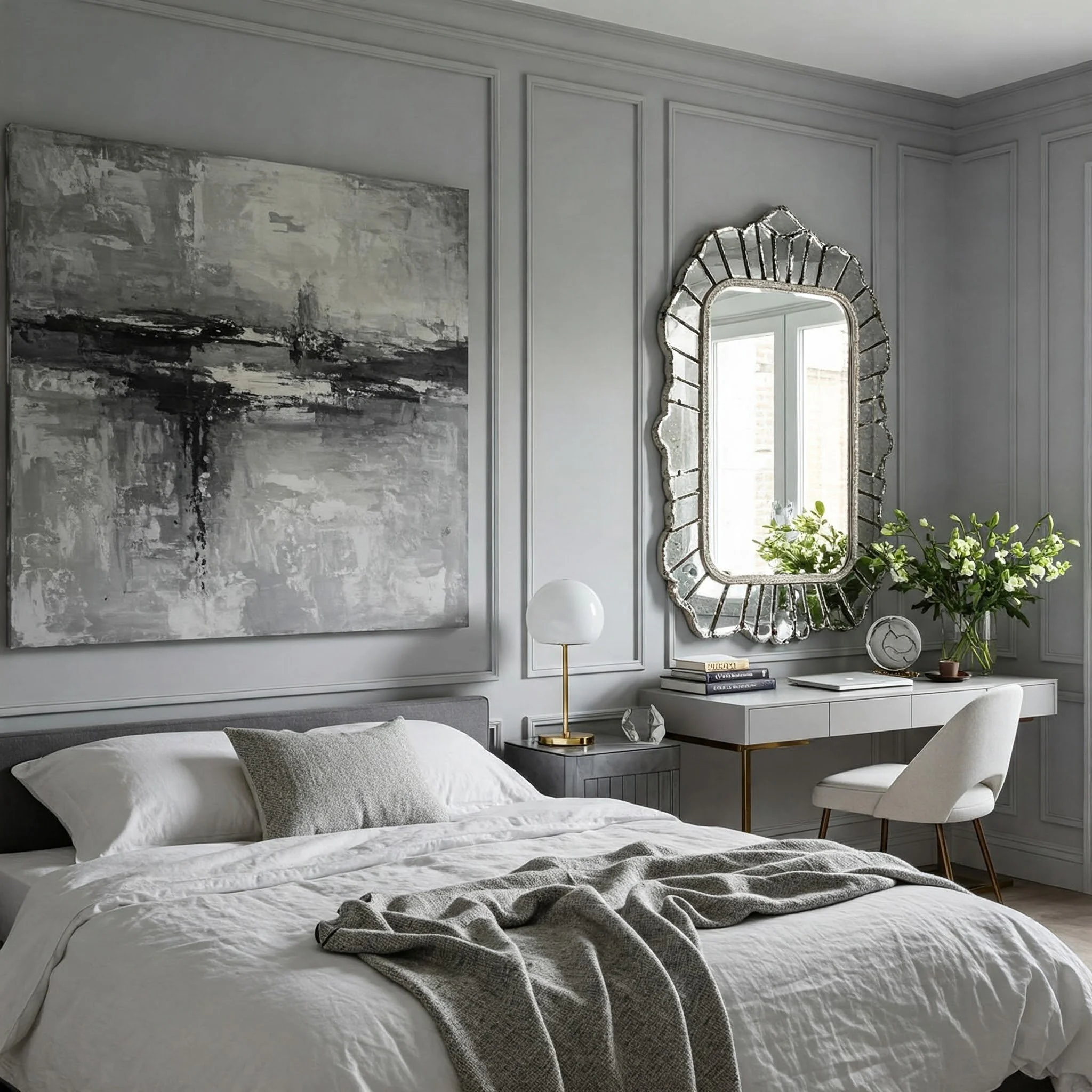 Small gray and white bedroom optimized with mirrors and low-profile platform bed